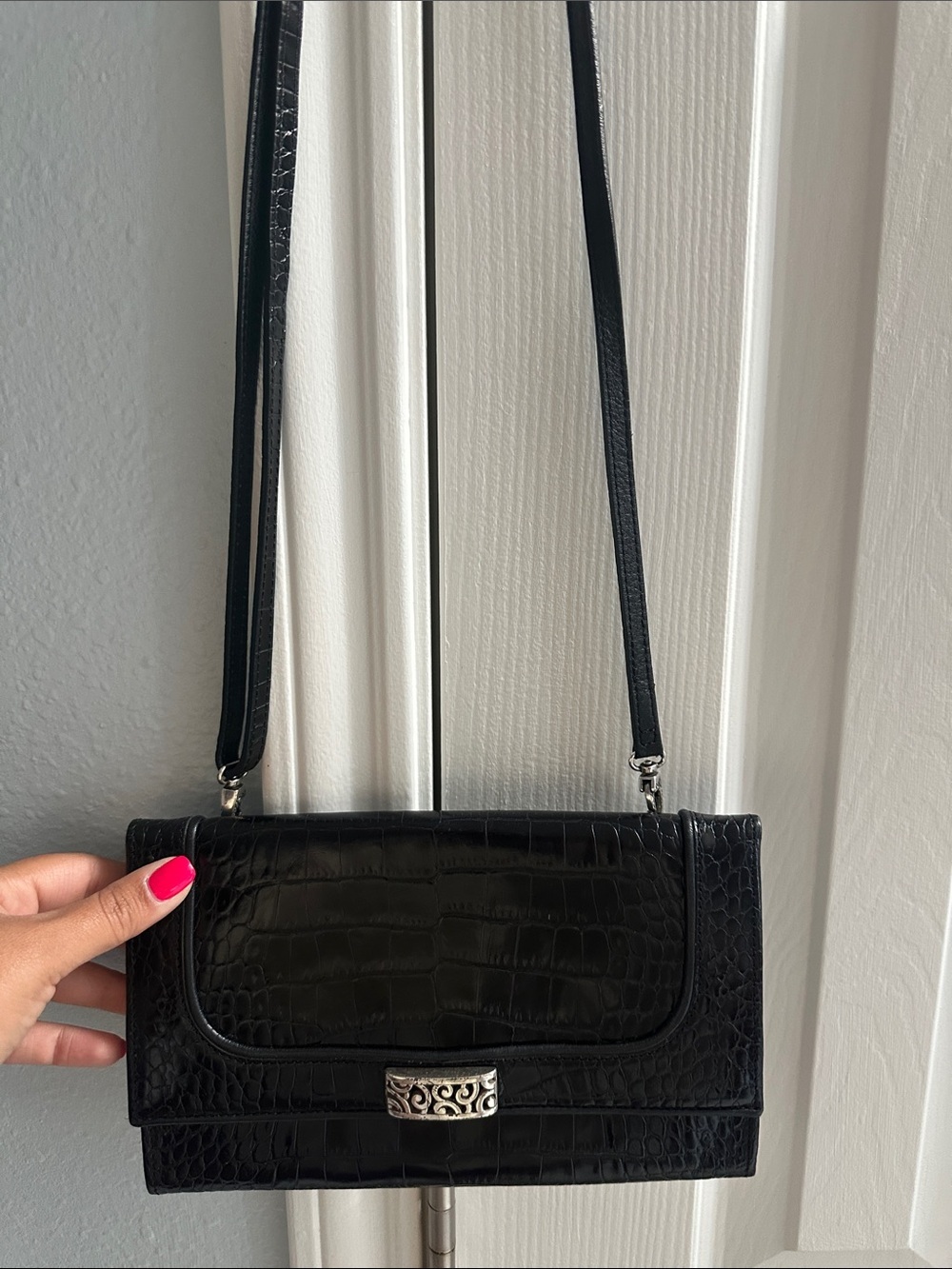 Brighton Travel The World Black Croc Embossed Leather Clutch Crossbody Bag